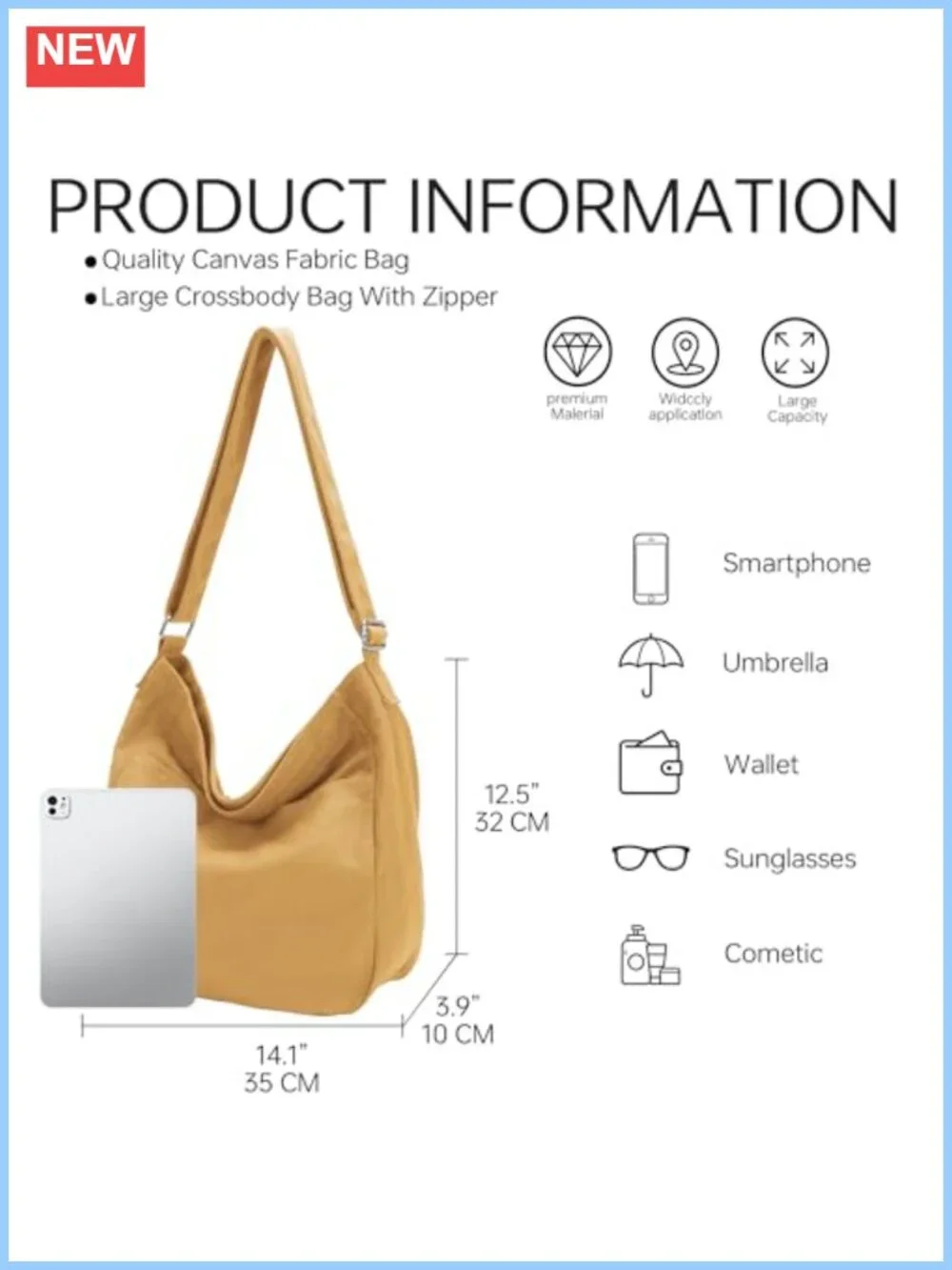 Canvas Tote Bag Hobo Crossbody Shoulder Bag with Zipper Pockets, Adjustable